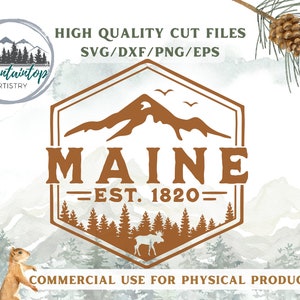 Maine Wall Art Moose Decal Mountain SVG Maine State Gifts Adventure Decor Log Cabin Moose PNG Maine Laser Engraving Cut File Hiking Decal