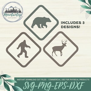 May include: Three digital cut files for crafting projects. Each file features a different woodland creature: a bear, a Bigfoot, and a deer. The files are in a diamond shape with a brown outline.