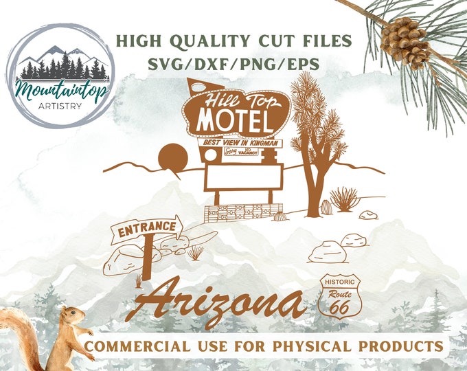 Route 66 Arizona Wall Art Joshua Tree PNG Hill Top Motel Arizona Gift Route 66 Art Desert Theme Vintage Arizona Design Hill Top Motel PNG