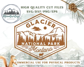 May include: A brown and white vintage-style logo with the text "GLACIER NATIONAL PARK Montana" in a brown rectangle with a mountain range and pine trees. The logo is surrounded by a brown hexagon with a white background.
