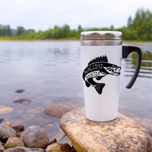 Example of the walleye hunter design on a travel mug.