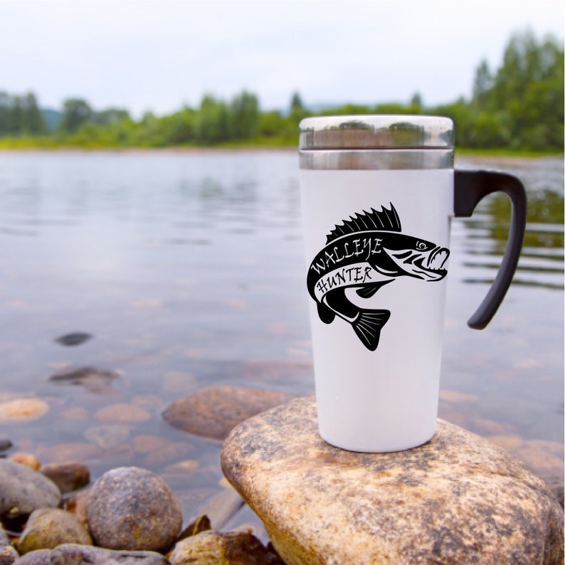 Example of the walleye hunter design on a travel mug.