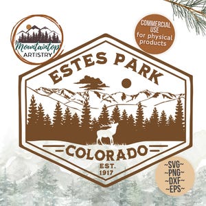 May include: A brown and white graphic design featuring the text "Estes Park Colorado" with a mountain and forest scene, and a deer silhouette. The design includes the text "Est. 1917" and is suitable for commercial use.