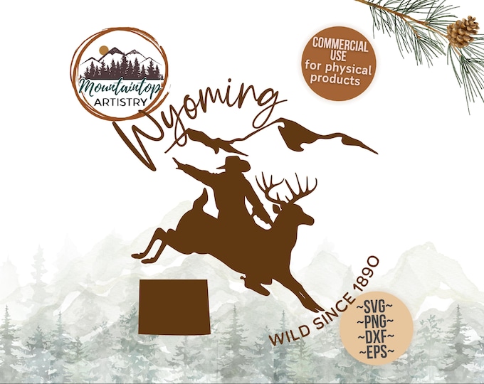 Wyoming Wall Art Cowboy Gift Whitetail Deer SVG Wyoming Shirt PNG Deer Decor Mountain Laser Engraving File Funny Gifts For Dad Cowboy Print
