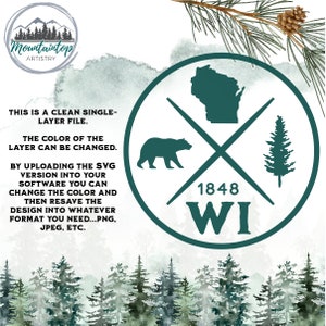 Pode incluir: Um c&iacute;rculo verde com contorno branco cont&eacute;m uma silhueta preta do estado de Wisconsin, um urso preto, um pinheiro e o texto "1848 WI".