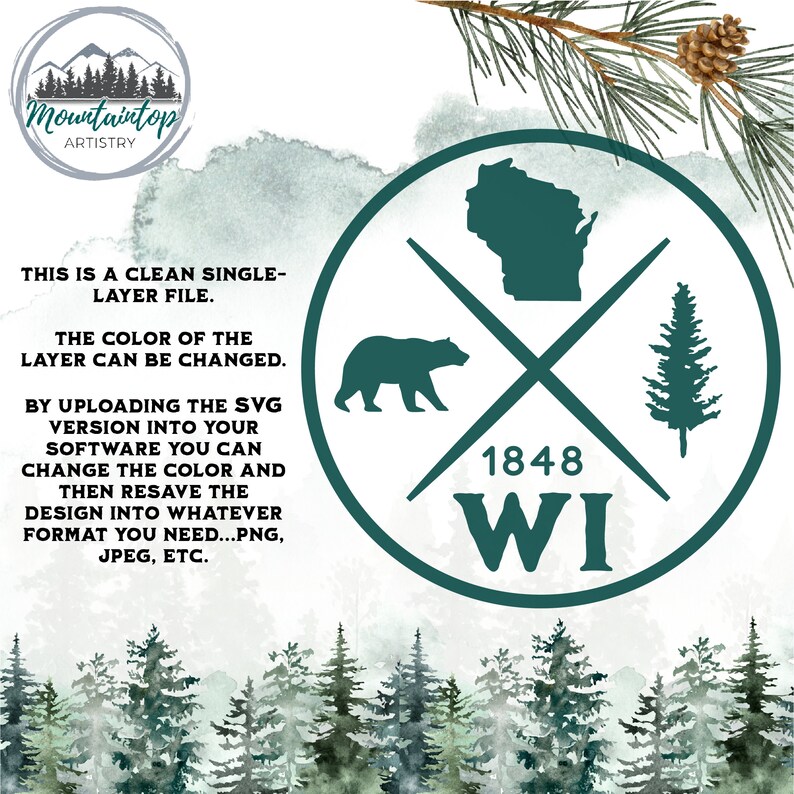 Pode incluir: Um c&iacute;rculo verde com contorno branco cont&eacute;m uma silhueta preta do estado de Wisconsin, um urso preto, um pinheiro e o texto "1848 WI".
