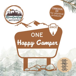 Un feliz camper signo editable fiesta de cumpleaños camping tema bosque baby shower feliz camper decoración un feliz camper SVG regalo para los nuevos padres