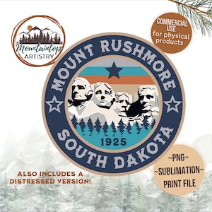 May include: A vintage-style round logo with a blue, white and orange colour scheme. The logo features a depiction of Mount Rushmore with the text "Mount Rushmore" and "South Dakota" in a circular design. The year "1925" is also included in the logo. The logo is surrounded by a brown circle with a white star on each side. The text "ARTISTRY" is visible in a smaller circle above the logo.