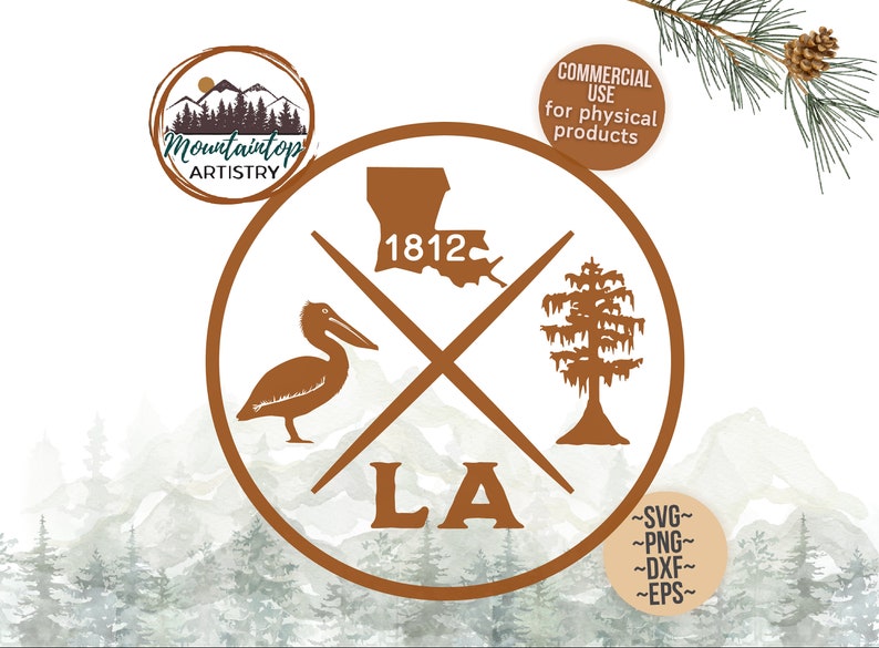 May include: A brown circle with a white outline contains a pelican, a cypress tree, the outline of Louisiana, and the text "LA" and "1812". The circle is on a background of watercolor mountains.