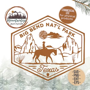 May include: A brown and white vintage-style logo for Big Bend National Park in Texas. The logo features a silhouette of a mountain range, a rider on horseback, and the text "Big Bend Nat'l Park" and "Texas".