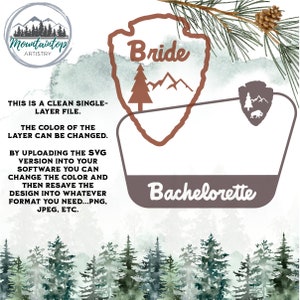 May include: A brown and white graphic design of a national park badge with the text "Bride" and "Bachelorette" inside. The design features a mountain range and a pine tree.