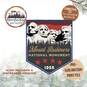 May include: A digital illustration of Mount Rushmore National Monument with the text "Mount Rushmore National Monument" and "1925". The image is in a vintage style with a red, white, and blue colour scheme. The image is suitable for use on physical products.