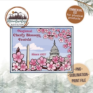 Può includere: Un'illustrazione digitale del Monumento a Washington e del Campidoglio degli Stati Uniti con ciliegi in fiore. Il testo "National Cherry Blossom Festival" e "Since 1927" sono inclusi nell'immagine.