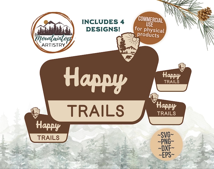 Happy Trails National Park Sign Editable Woodland Wall Art Nature Themed Baby Shower Camping Birthday Party Forest Decor Boho Happy Trails