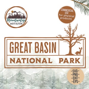 May include: A brown rectangular sign with the text "Great Basin National Park" in white lettering. The sign is surrounded by a brown border and features a silhouette of a tree and a rabbit. The sign is set against a watercolor background of mountains and trees.