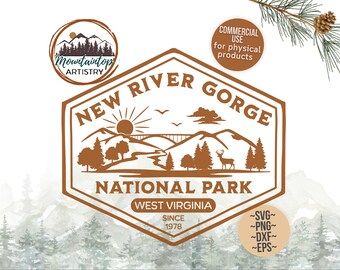 May include: A brown hexagonal badge with the text "New River Gorge National Park" and "West Virginia" with a mountain scene and a deer. The badge also includes the text "Since 1978".