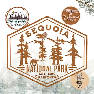 May include: A brown and tan illustrated badge with the text "SEQUOIA NATIONAL PARK EST. 1890 CALIFORNIA" and a silhouette of a bear and pine trees. The badge is surrounded by a white background.