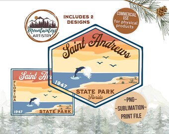 May include: Two vintage-style designs for Saint Andrews State Park in Florida. The designs feature a sunset over the ocean with a dolphin jumping out of the water. The text "Saint Andrews State Park" is written in a retro font with the year 1947 and the state of Florida.