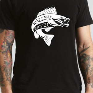 May include: Black t-shirt with a white graphic of a walleye fish and the text "WALLEYE HUNTER".