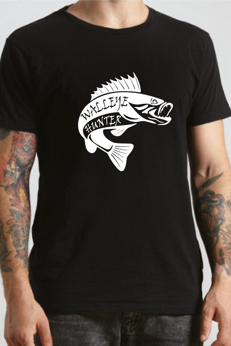 May include: Black t-shirt with a white graphic of a walleye fish and the text "WALLEYE HUNTER".