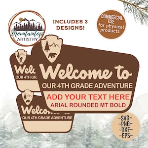 Könnte beinhalten: Digitales Design in Braun und Beige mit dem Text „Willkommen zu unserem Abenteuer der 4. Klasse“. Enthält drei Designs mit einer Berg- und Bärengrafik. Das Design ist für den kommerziellen Gebrauch bestimmt.