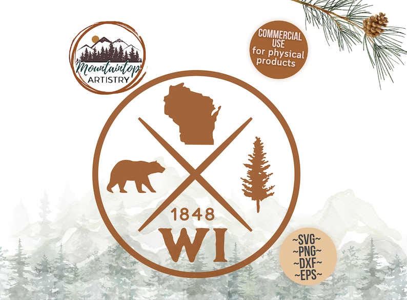 Pode incluir: Um c&iacute;rculo castanho com contorno branco cont&eacute;m um urso castanho, um pinheiro, o contorno do estado do Wisconsin e o texto "1848 WI". O c&iacute;rculo est&aacute; sobre um fundo de montanhas de aquarela.