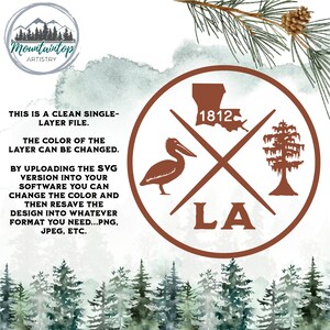 May include: A brown circle with a white outline contains a pelican, a cypress tree, and the outline of Louisiana with the text "1812" inside. The text "LA" is below the circle. The background is a watercolor painting of a forest.