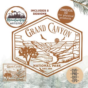 Puede incluir: Una ilustración marrón y blanca del Parque Nacional del Gran Cañón en Arizona. La ilustración incluye un cañón, un río y un árbol. El texto "Grand Canyon National Park Est. 1919" está incluido en la ilustración.