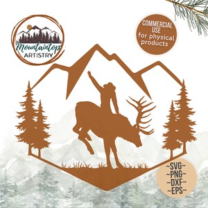 May include: A silhouette of a person riding a buck in front of a mountain range. The image is brown and has a rustic feel. The text "Mountaintop Artistry" is at the top of the image.