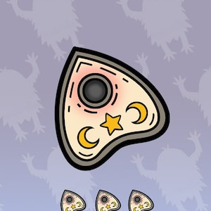 May include: A digital illustration of a yellow and brown Ouija board with a pink and black center. The board is surrounded by a white background with a blue and white striped pattern at the top. The text "TWITCH EMOTE INSTANT DOWNLOAD" is at the top of the image. The text "twitch" is in the lower left corner and "DREAM YETI" is in the lower right corner.
