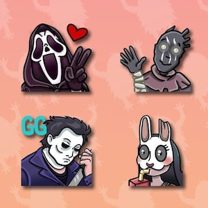 May include: Four Twitch emotes featuring cartoon characters. The emotes are in a grid format. The top left emote is a ghost with a heart above its head. The top right emote is a masked figure with a bandage on its head. The bottom left emote is a masked figure with a knife. The bottom right emote is a bunny with a pink mask and a drink.