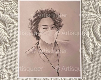 May include: A black and white pencil drawing of a person wearing a white face mask. The person has dark hair and is looking at the viewer. The drawing is on a light pink background.