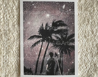 May include: A black and white illustration of a person standing in front of two palm trees under a starry night sky.