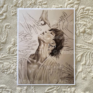 May include: A black and white drawing of a person surrounded by hands reaching towards them. The person is lying down with their eyes closed and their head tilted back. The drawing is done in a realistic style and has a sense of vulnerability and helplessness.