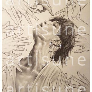 May include: A pencil sketch depicts a person with closed eyes, surrounded by multiple hands reaching towards them. The person's neck and face are visible, with a tattoo that reads "All Mine". The artwork is in grayscale.