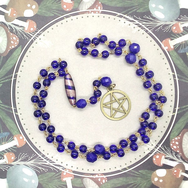 Cobalt blue pentacle rosary necklace, Wearable pagan prayer beads, Pagan gifts for women, Wiccan gifts, Pentagram rosary, Witchy gifts