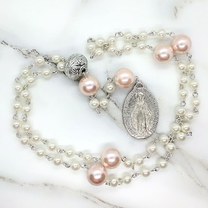 Immaculate Conception pearl rosary, Miraculous Medal pink and white womens rosary, Catholic gifts for mom, First Communion gift for girl