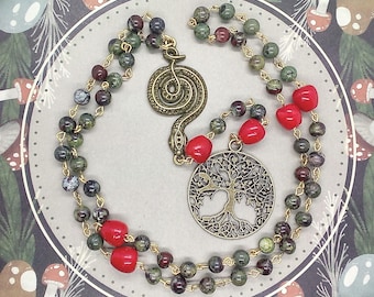 Wearable Tree of Knowledge rosary necklace, Snake in the Garden of Eden rosary, Tree of Life Luciferan prayer beads, Witchy meditation beads