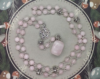 Rose quartz rosary necklace, Pagan prayer beads, Meditation gifts for women, Wiccan rosary, Intention necklace, Wearable rosary, Witchy gift