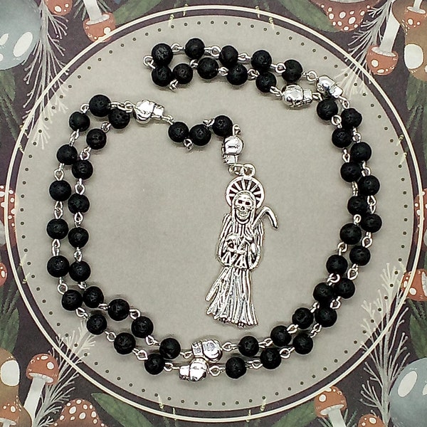 Chapelet de la Santa Muerte, chapelet noir de la Santa Muerte, chapelet San la Muerte en pierre de lave, saint mexicain de la guérison, saint folklorique, Memento Mori