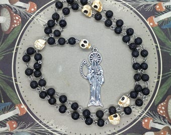Rosario de la Santa Muerte, Black Santa Muerte rosary, San la Muerte lava rock rosary, Mexican saint of healing, Folk saint, Memento Mori