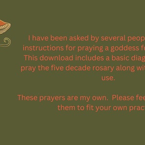 A red and white mushroom with a green vine background. Text reads: 'I have been asked by several people to provide instructions for praying a goddess focused rosary. This download includes a basic diagram of how to pray the five decade rosary along with the prayers I use. These prayers are my own. Please feel free to modify them to fit your own practice.'