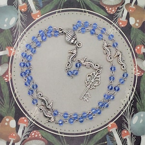 Handmade mermaid rosary necklace without a cross, Blue crystal sea goddess prayer beads, Sea horse necklace, Ocean rosary, Meditation gifts