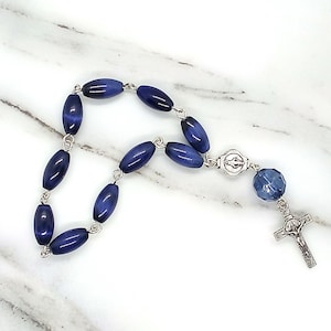 Cobalt blue cats eye Miraculous Medal rosary tenner, Pocket rosary gift for mom, Handmade Immaculate Conception rosary, Confirmation gifts