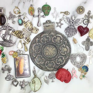 Mixed lot of 40 harvested pendants and charms for jewelry making, Recycled pendant lot, Charm destash, Bulk necklace parts mystery bag