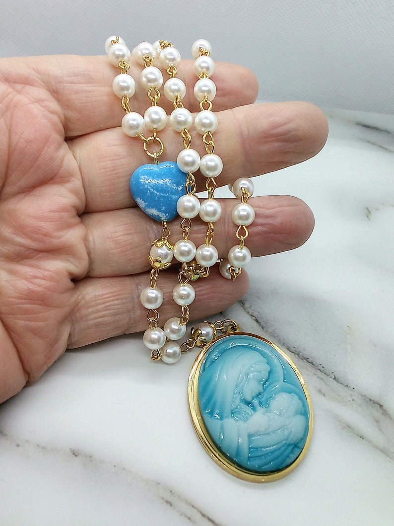 Mother and child wearable rosary necklace, Pearl prayer beads, Meditation gifts for women, Mother goddess rosary, Divine Feminine, New Age image 2