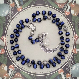 Cobalt blue goddess rosary necklace without a cross, Crescent moon wearable rosary, Pagan gifts for women, Handmade Wiccan rosary, New Age