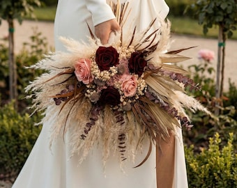 Boho Rustic Burgundy Wedding Bouquet, Pink Bridesmaid bouquet, Dried flower  Bridal Bouquet, Fall wedding bouquet, Burgundy bouquet