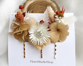 Set of Terracotta hair pins, Fall flower hair pins, Floral hair pin,Rustic wedding clip, Woodland wedding, Orange bobby pins