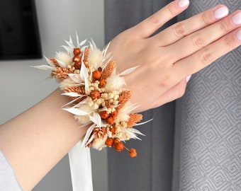 Boho Terracotta flower wedding corsage, Flower wrist corsage, Boutonniere and corsage set, Orange bridal corsage, Rust bridesmaid corsage